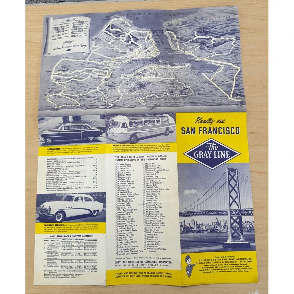 Gray Line Sightseeing Brochure San Francisco 1953 Yellow Vintage‎ Travel Map